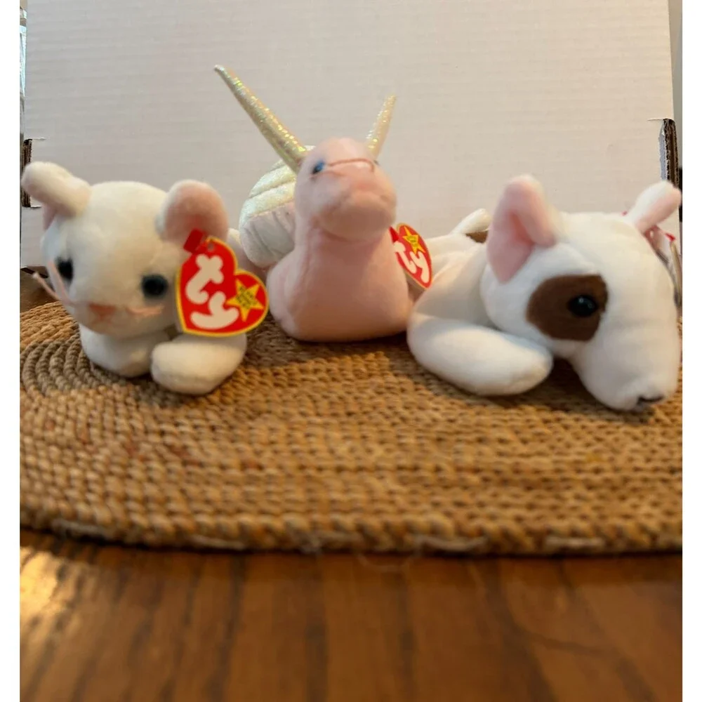 Ty Beanie Babies Lot of 3 Butch Dog Swirly Snail Flip Cat w/ Tags Plush Toy